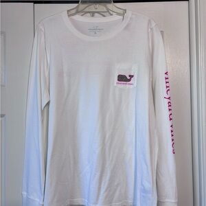 Vineyard Vines White Long Sleeve Tee with Pink Accents